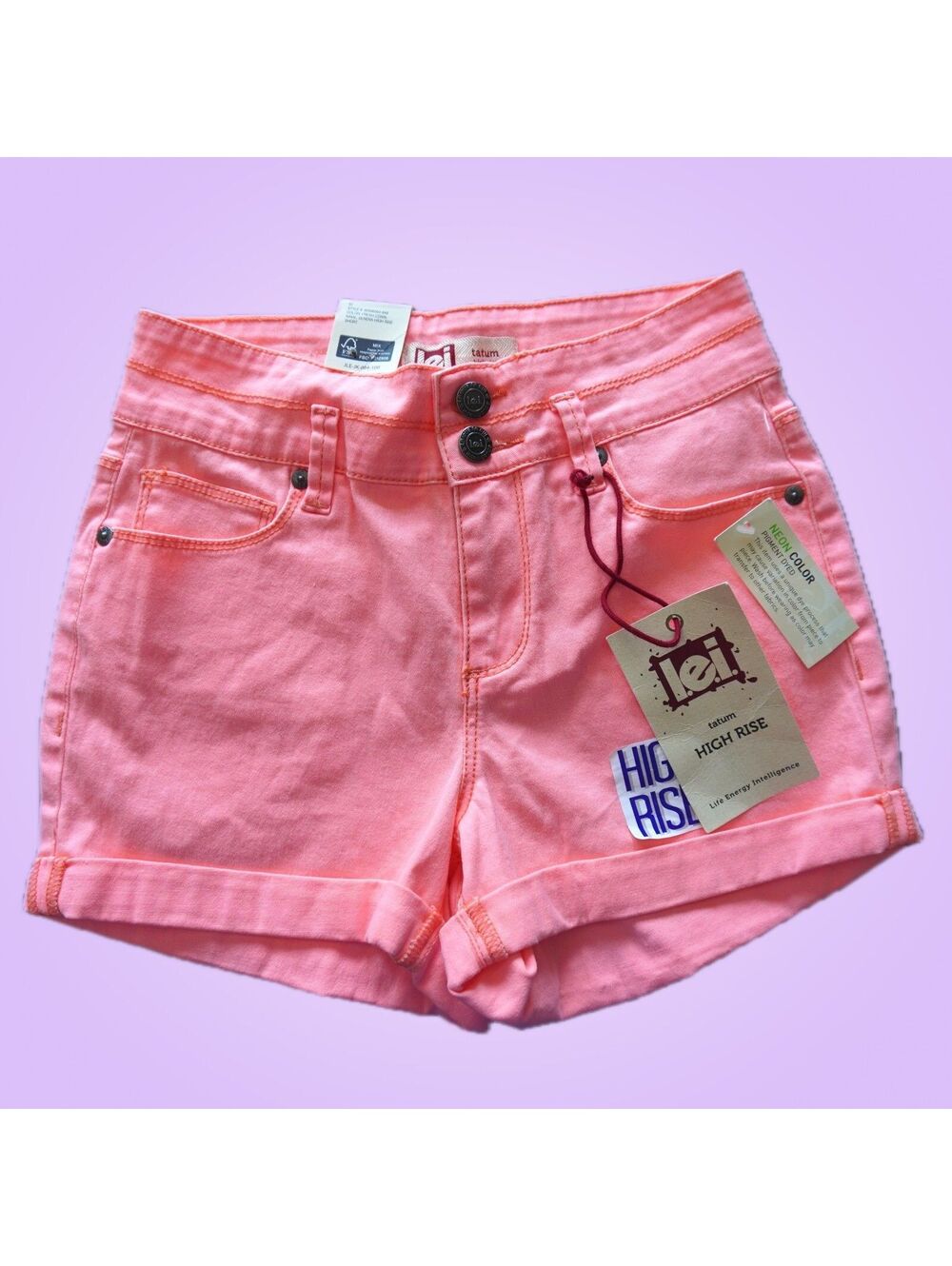 New Lei Juniors Tatum Neon Coral High Rise Cuffed Denim Shorts Size 1 Regular